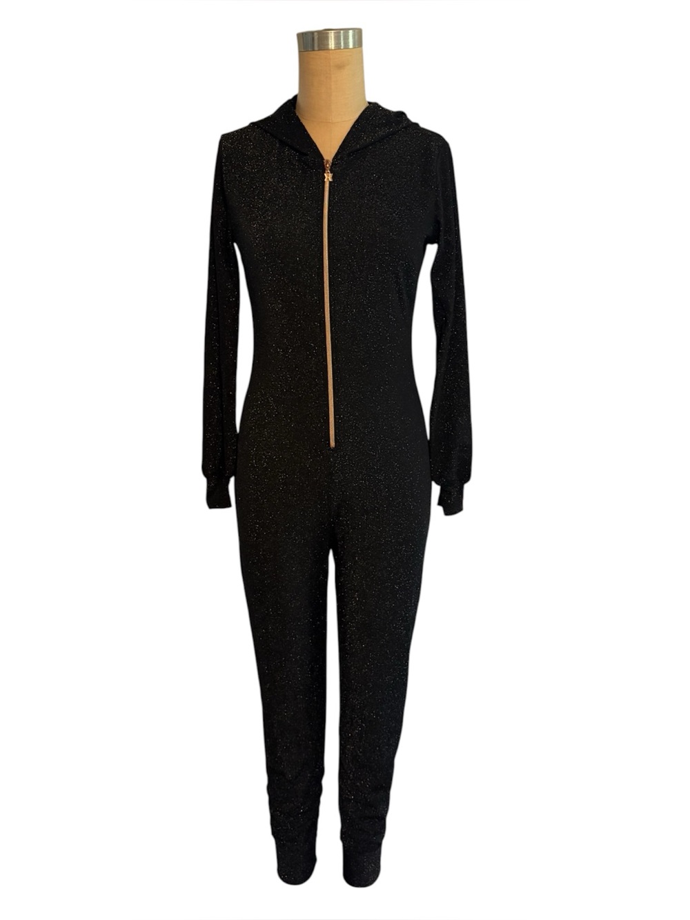 Savage X Fenty Black Sparkle Hooded Jumpsuit with Gold Zipper